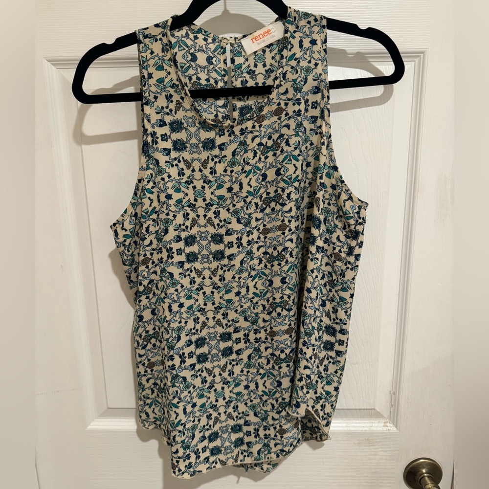 Women’s Small Sleeveless Blue & Aqua Floral Blouse, Women’s Clothes, Renee C.